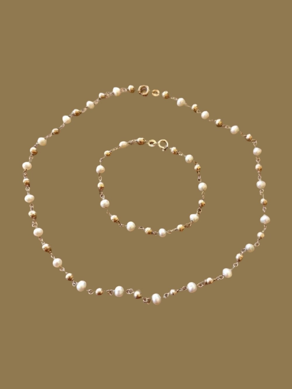 VTG FAS 925 Gold Vermeil Freshwater Pearl Rosary Chain Necklace Bracelet Set